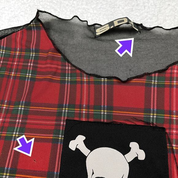 Vintage SDL Goth Mesh Plaid Skull Long Sleeve Blouse Top Euro Mall Goth Y2K Rare - Picture 12 of 16